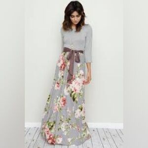 Eggs Long Grey Cotten Maxi Dress with Floral Pattern Size Medium